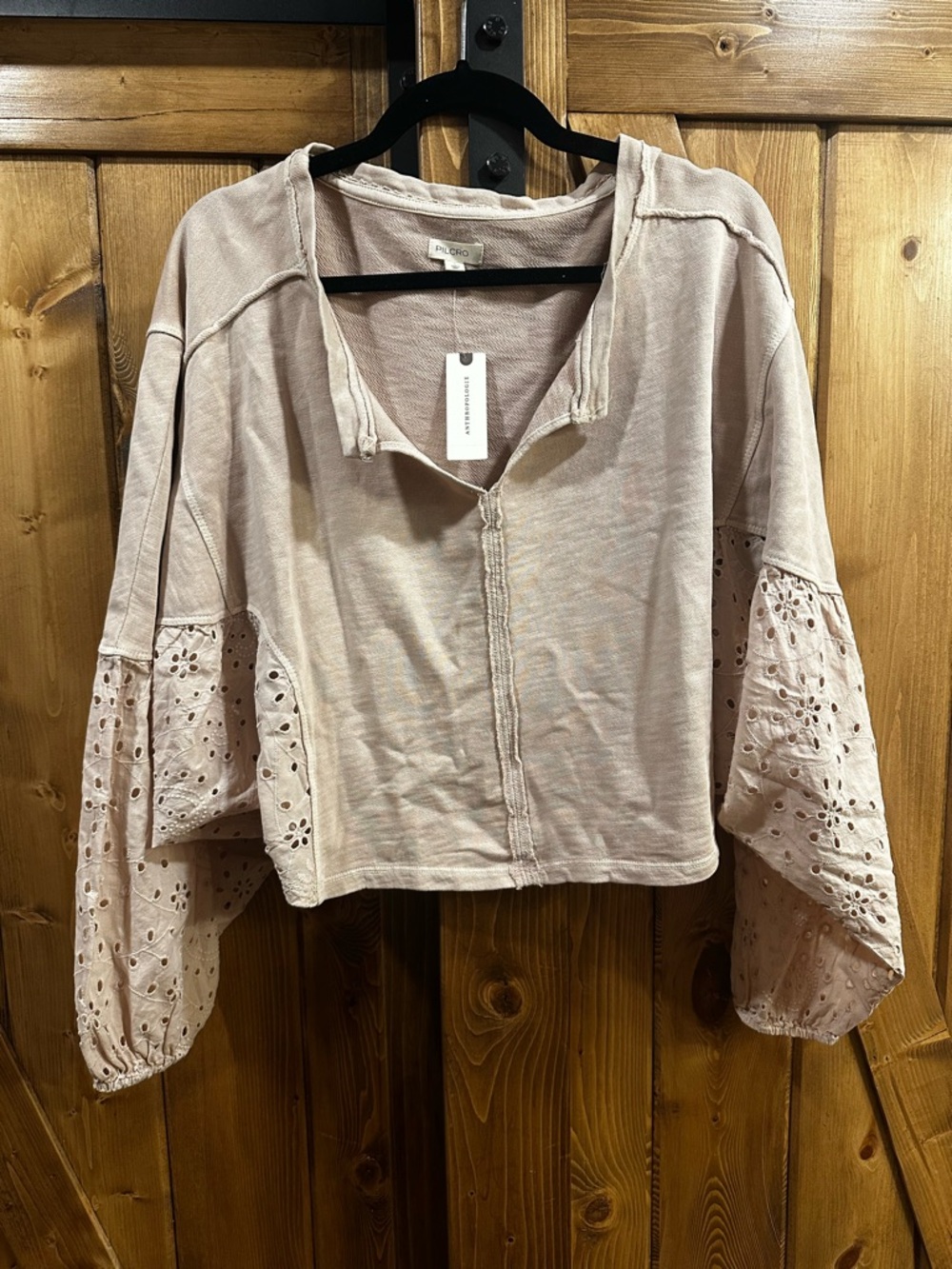 Pilcro Cream Eyelet-Sleeve Hoodie Top